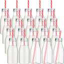 Yinkin 20 Set 10 oz Plastic Milk Bottles with Straws Metal Lids Clear Plastic Containers for Dairy Milk Party Bottle for Juices Shakes Smoothies(Red, White)