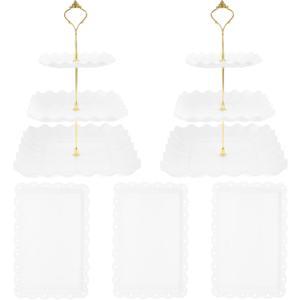 8 Pcs Dessert Table Display Set 2 Pcs 3 Layers Cupcake Stand and 6 Pcs Dessert Trays Plastic Cake Stand Set White Cake Stand and Tray Set for Wedding Birthday(white)