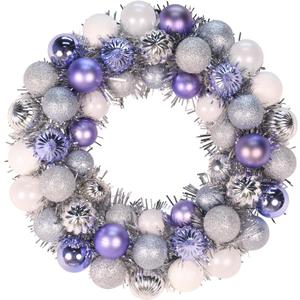 16 Inch Christmas Ornament Wreath Classical Glitter Ball Wreath with Tinsel for Holiday Door & Wall Decoration (Silver and Purple)