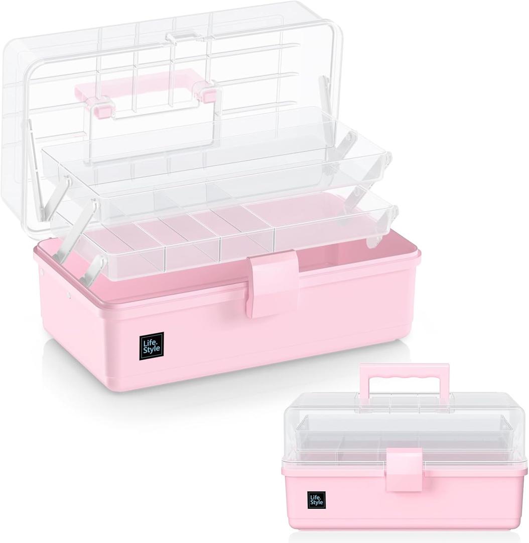 ARJudy 13in 3-Layer Adjustable Craft Organizer with Dividers - Portable Multipurpose Storage Box for Art Supplies, Sewing Kits, Medicine, and Home Utility, Foldable Clear Plastic Design with Handles (Pink)