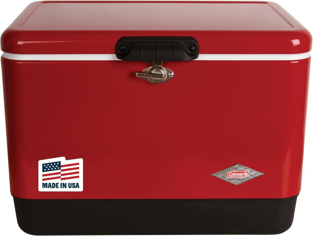 Coleman Vintage 54qt Steel Belted Cooler, Keeps Ice Up to 4 Days, 85-Can Capacity Hard Cooler with Drain & Have-A-Seat Lid (Red)