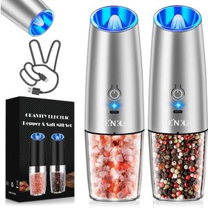 XinXu RECHARGEABLE Salt and Pepper Grinder Set,Automatic Pepper Mill,USB Rechargeable,Adjustable Coarseness,One-handed Operation,Ceramic Burr,Refillable,Auto Grinders Shakers LED Light,Sliver