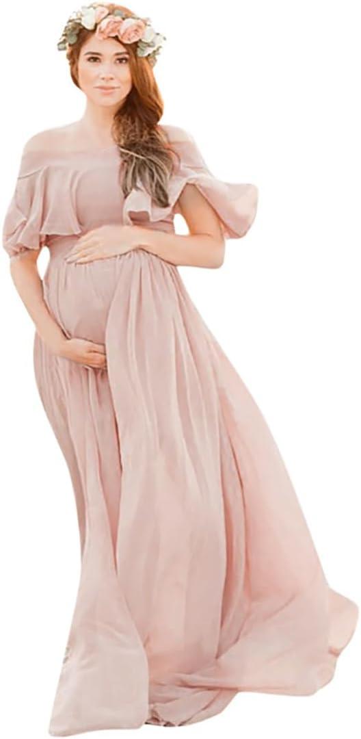 Maternity Lace Tulle Chiffon Gowns for Photoshoot Elegant Off Shoulder Wedding Party Prom Dress for Baby Shower (Small, Pink)