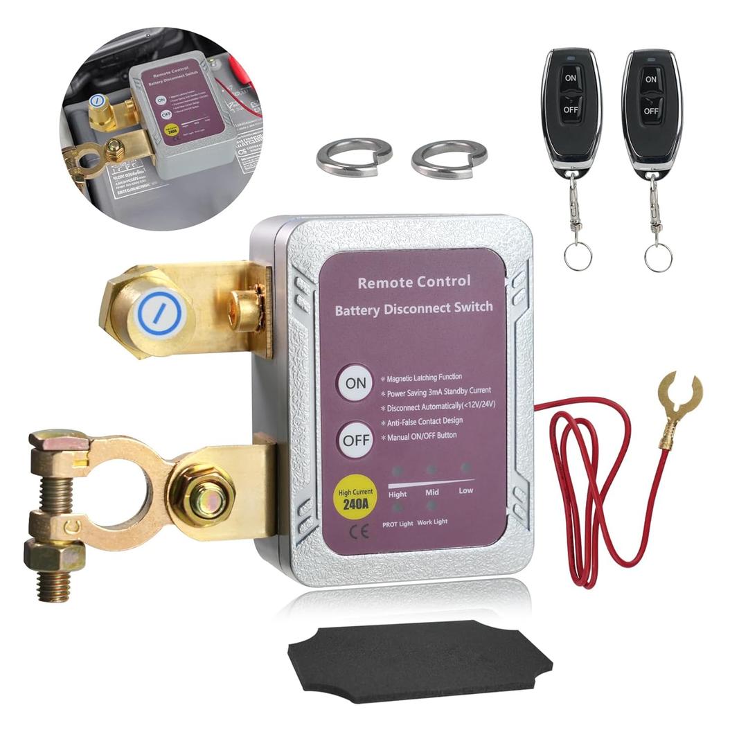 Remote Battery Disconnect Switch 12V/24V, 240A, Kill Switch for Car, Anti Theft Prevent Battery Discharge, with Wireless Remote Control Key, Suitable for Car, RV, Truck, Marine Battery