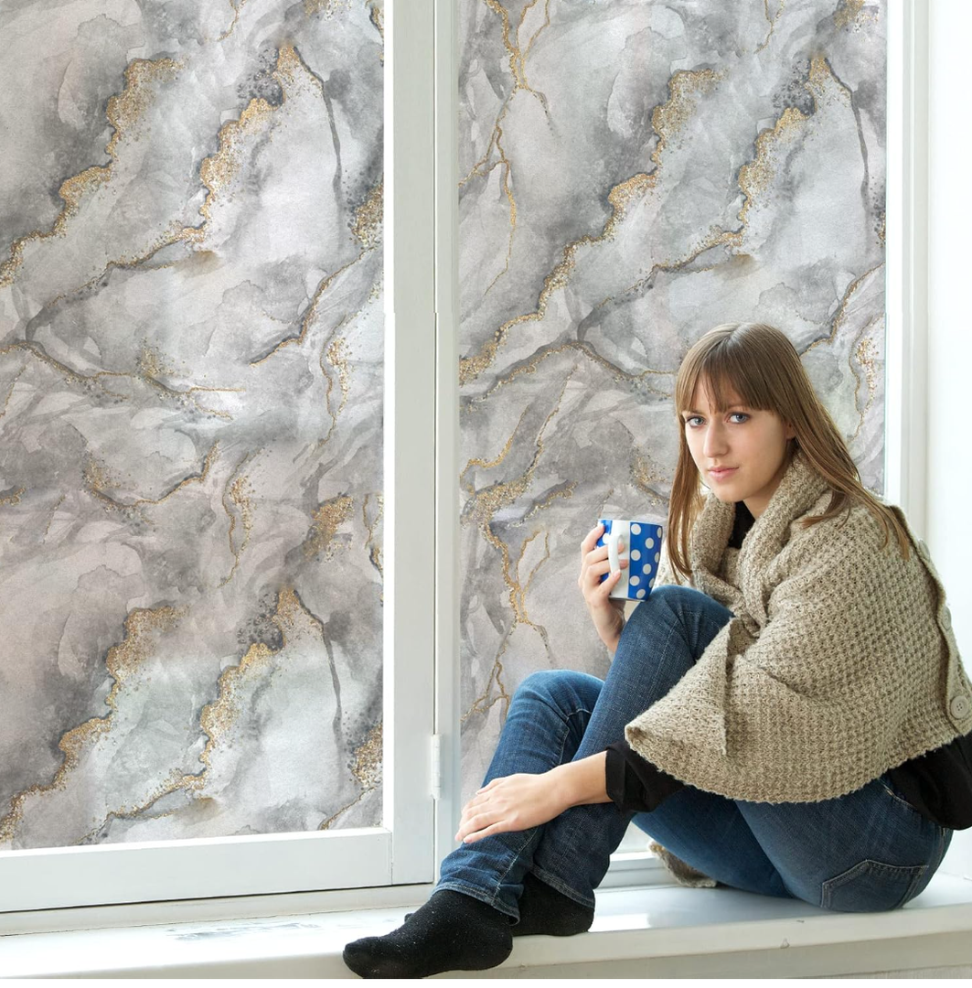 DKTIE Marble Pattern Privacy Window Film with Installation Tools, Static Cling No Glue Window Marble Stained Glass Window Film Coverings Glass Sticker (Quicksand Gold, 35.4" x 118.1")