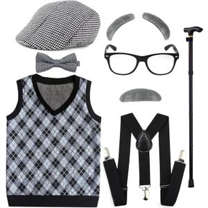 EFORLED Kids 100 Days of School Costume for Boys - Halloween Old Man Costume Hat, Glasses and Grandpa Vest Set for Child,LightGrey1-4 (3T(3-4yr))
