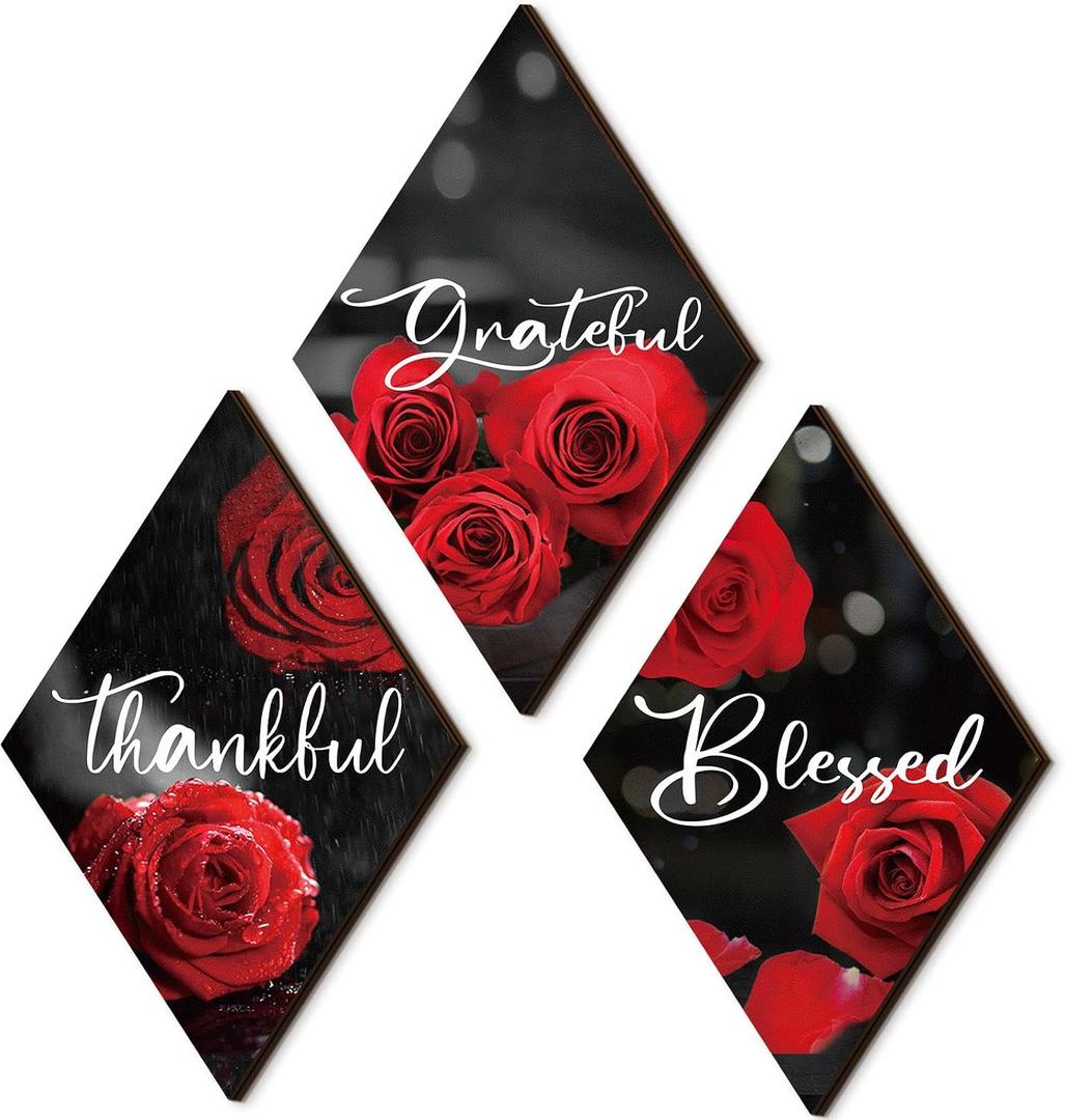 Lewtemi 3 Pcs Thankful Grateful Blessed Wooden Signs Rose Wooden Wall Decor Farmhouse Kitchen Art Decor Inspirational Wall Art Signs for Room Front Door Home,11"x7"(Red Rose)