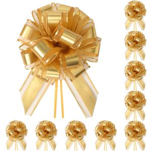 10-Pack Metallic Gold Pull Bows for Gift Wrapping - 6 Inch Reusable Ribbon Bows, Large Instant Floral Decor Bows for Wedding, Christmas, Birthday Decor, Gift Basket & Party Decorations