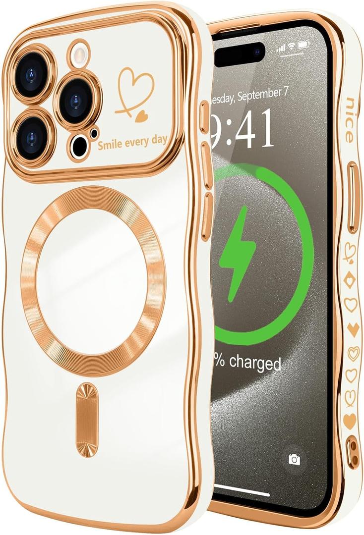 LCHULLE for iPhone 15 Pro Max Case for Women Girls [Compatible with MagSafe] Cute Curly Wave Shape, Magnetic Love Heart Pattern with Camera Lens Cover Luxury Plating Shockproof Phone Case, White