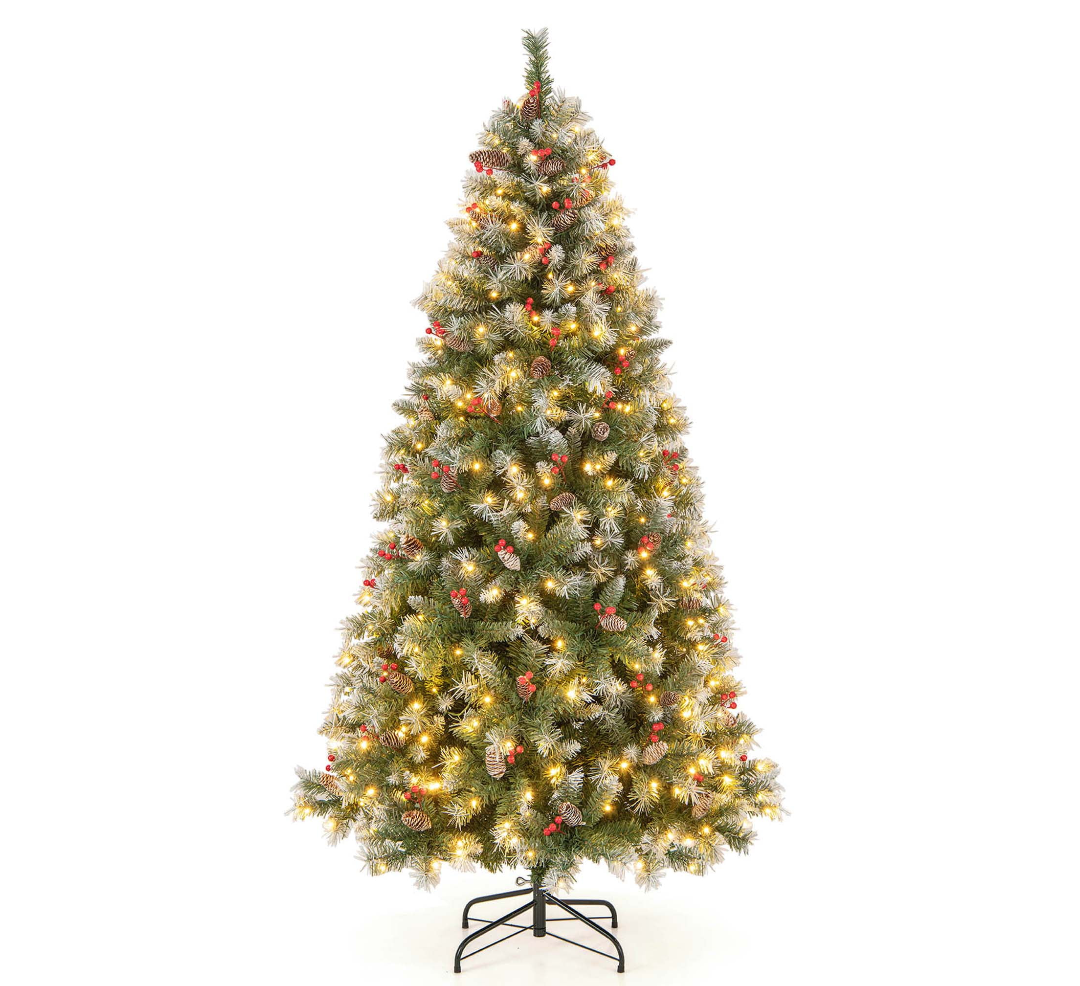 6.5 FT Artificial Christmas Tree Hinged w/ 420 Warm LED Lights & 207 Red Berries