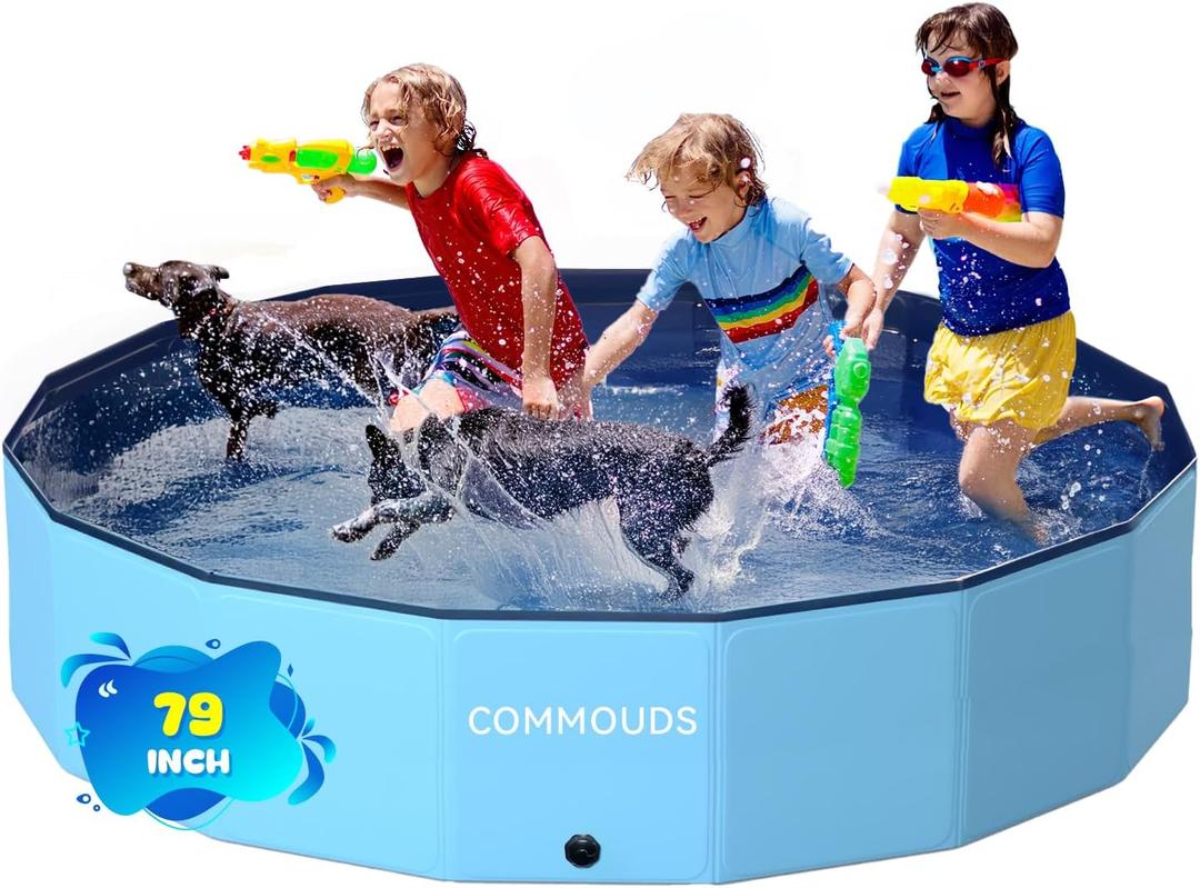 COMMOUDS Foldable Dog Pool, Collapsible Hard Plastic Dog Kiddie Swimming Pool, Portable Pet Bath Tub Wading Pools for Kids and Puppy Small Medium Large Dogs (79inch.D x 16inch.H)
