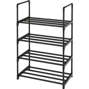 Metal Stackable Small Shoe Rack Organizer, Narrow Shoe Racks for Closets Entryway, Shoe Stand,Shoe Shelf with Handle(4-Tier-Black)