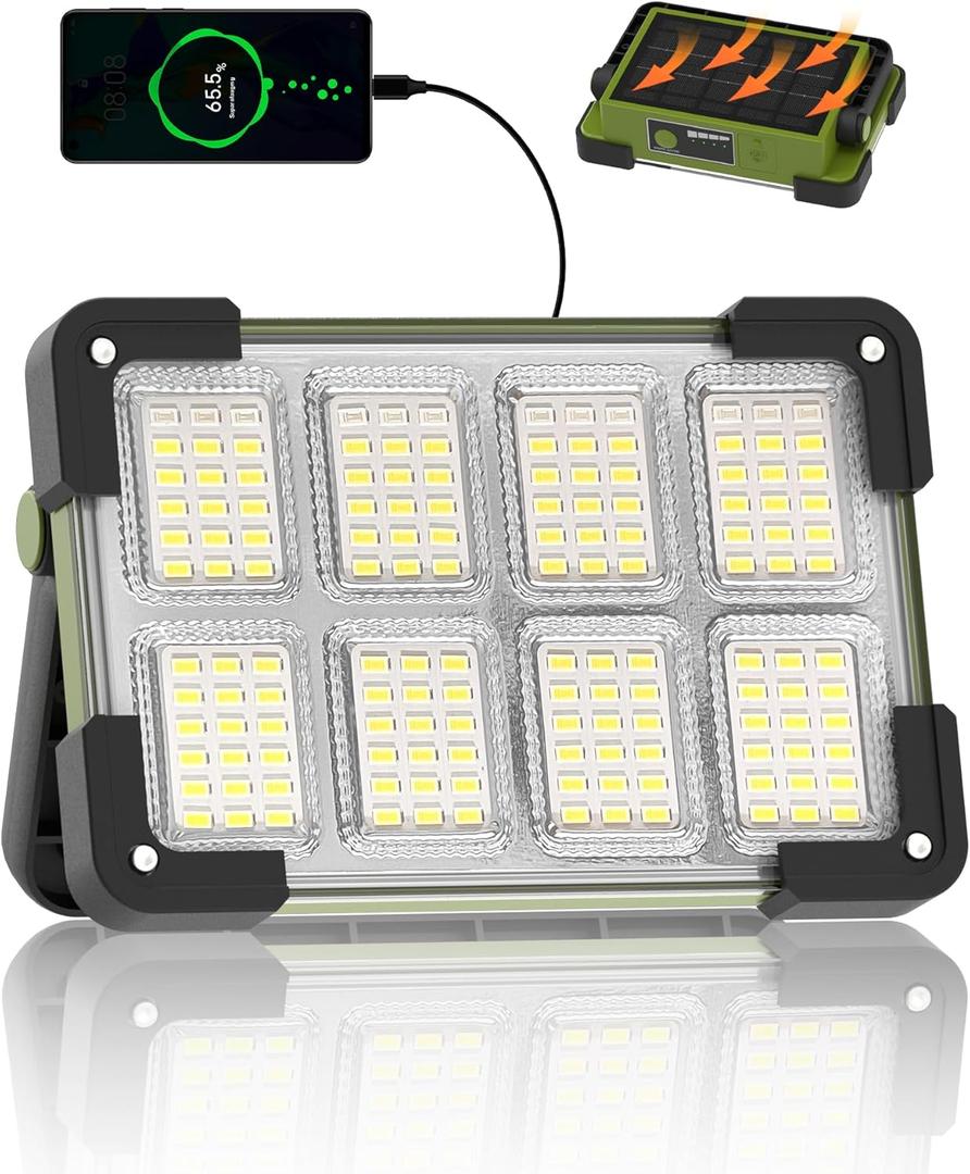 120W Solar Rechargeable Work Light, Portable Flood Light with Stand, 144 LED 10000LM Led Work Light with 4 Modes, IP66 Waterproof Outdoor Working Light for Emergency Repair Mechanic Camping (Army Green)