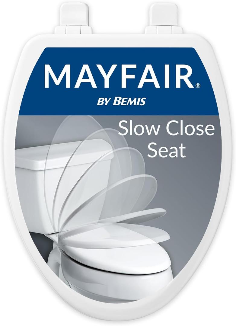 Mayfair Linden Slow Close Toilet Seat, Non Slip Heavy Duty Wood, Easy Install, Elongated, White