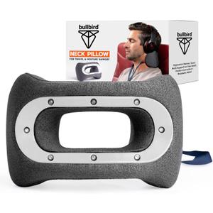 bullbird Neck Pillow for Travel - Ergonomic Memory Foam Design - Comfortable Cervical Support for Airplane, Car & Home - Compact & Portable with Carry Bag - White