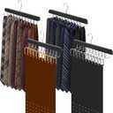 4 Pack Tie Rack and Belt Hanger 2 in 1, Wooden Tie Organizer for Closet with 20 Foldable Hooks, Space Saving Necktie Holder and Belt Organizer, Black