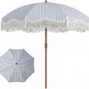 7ft Patio Umbrella with Fringe, Boho Beach Umbrellas, Outdoor Tassels Umbrellas with Push Button Tilt & Carrying Bag, 8 Windproof Fiberglass Ribs, UPF50+
