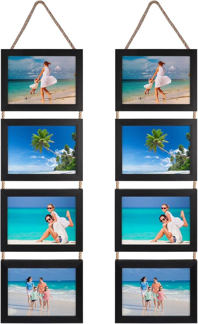 Lavezee 5x7 Hanging Collage Picture Frames Set of 2, Black 8 Opening Horizontal Frame Made to Display 5 x 7 Inch Photo for Wall Decor