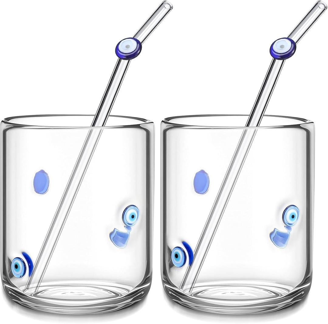 Skylety 2 Set Evil Eye Icon Juice Glass Cups - Icon Glass Cup with 2 Straw 14 oz Double Old Fashioned Cute Pattern Glassware for Tea, Water, Milk, Coffee, Halloween Parties Gifts Skylety 2 Set Evil Eye Icon Juice Glass Cups - Icon Glass Cup with 2 Straw 14 oz Double Old Fashioned Cute Pattern Glassware for Tea, Water, Milk, Coffee, Halloween Parties Gifts