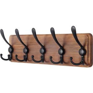 SKOLOO Rustic Wall Mounted Coat Rack: 16" Hole to Hole, Pine Real Wood Plank Wall Coat Rack with 5 Triple Hooks, Farmhouse Coat Hanger Wall Mount for Hanging Backpack Jacket Coat Hat (Brown Plate & Black Hook)