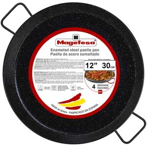 MAGEFESA 12" Enameled Steel Paella Pan - 30cm - 4 Servings, Ideal for Outdoor Cooking and Making Your Own Traditional Valencian Paella, Easy Cleaning (Black)