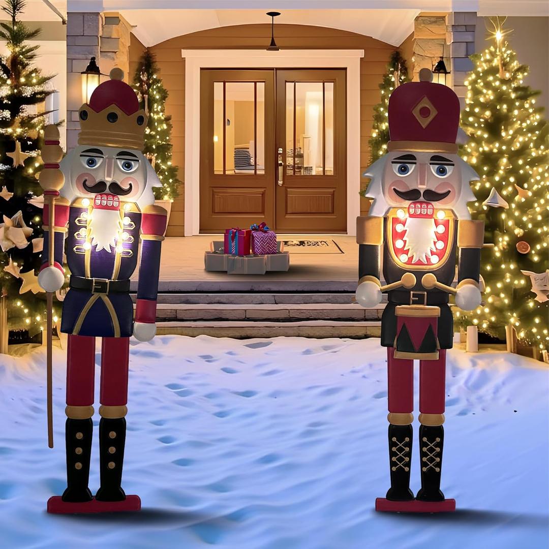Solar Christmas Nutcracker Garden Decorative Lights Yard Stakes Outdoor 2Packs of 45.28In Nutcracker Soldier Standing for Driveway Door Garden Yard Lawn