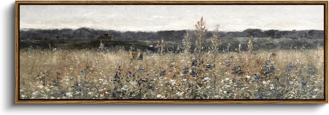 InSimSea Extra Large Framed Vintage Wall Art, Living Room Country Farmhouse Decor, Flower Meadow Landscape Paintings, Canvas Prints, Retro Scenery Long Pictures for Bedroom Above of Bed,12x36inch