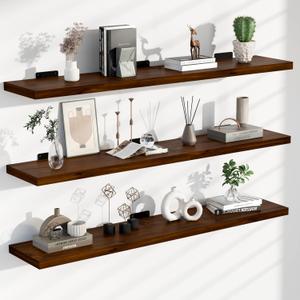 36 Inch Floating Shelves Set of 3, Walnut Solid Wood Wall Mounted Shelves with 100 lbs Capacity, 3ft Rustic Farmhouse Wood Shelving for Living Room, Kitchen, Bedroom & Bathroom, 3T36IN