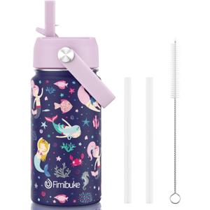 Fimibuke Kids Insulated Water Bottle, 14oz BPA FREE 18/8 Stainless Steel Travel Tumbler Double Wall Vacuum Leak Proof Kids Cup with Straw Metal Water Bottle for School Boys Girls(1 Pack, MERMAID)