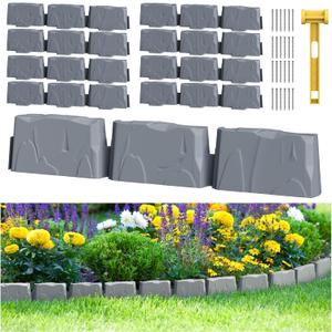 8Pcs Landscape Edging with 24 Pieces 8-Inch Spikes | for Flower Beds, Tree Rings, Pathways | Garden Edging Border Stone 12ft Long, 3-Inch Tall,Faux Stone Edging for Landscaping (Dark Grey)