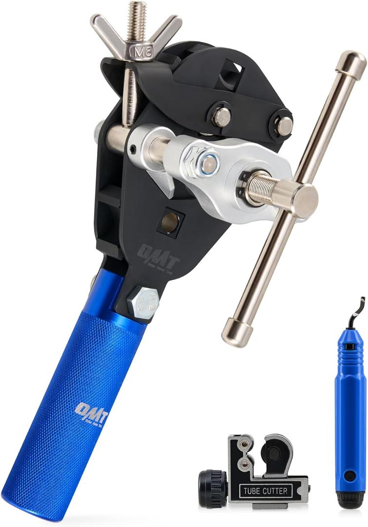 OMT 45 Flaring Tool Kit, Single Flare Set For 1/8" To 3/4" Tubing | Steel And Aluminum Alloy Build, Self-Centering Yoke, Burnishing Cone, Tubing Cutter And Deburring Tool