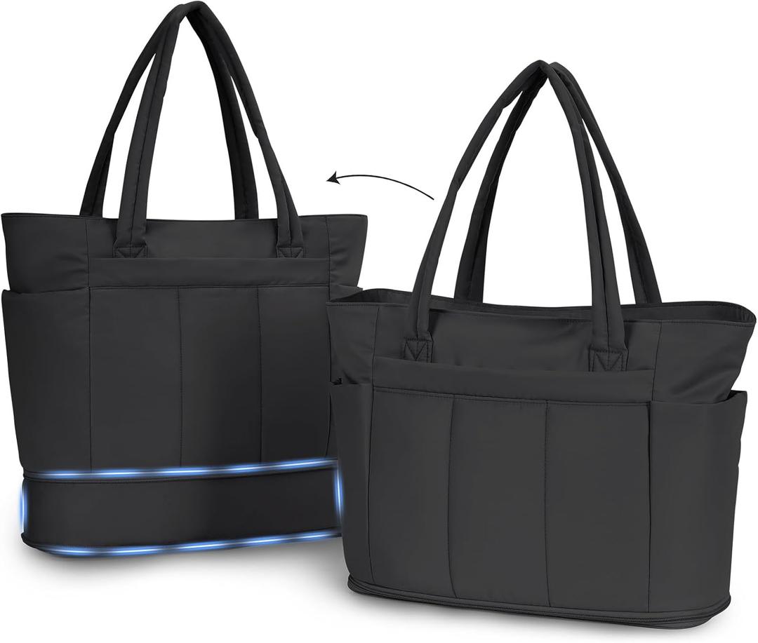 Wandering Nature Expandable Tote Bag for Women with Shoe Bag, Fits 40oz Tumbler for Carry-On Travel Work Gym (Black)