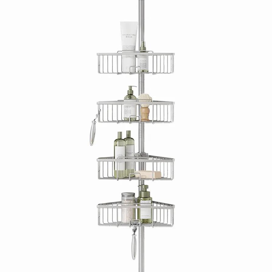 Zenna Home Tension Pole Shower Caddy, Corner Shower Storage System with 4 Adjustable Baskets, Bathroom Organization Solution, 60 to 108 Inch, Satin Nickel