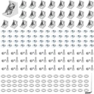 30 Set Silver 2020 Series Aluminum Extrusion Profile Connector, Includes 1pc Wrench, 30pcs 2028 Corner Bracket, 60pcs T-Slot Sliding Nuts and M5 Hex Screw Bolt for 20S Aluminum Rail Accessories