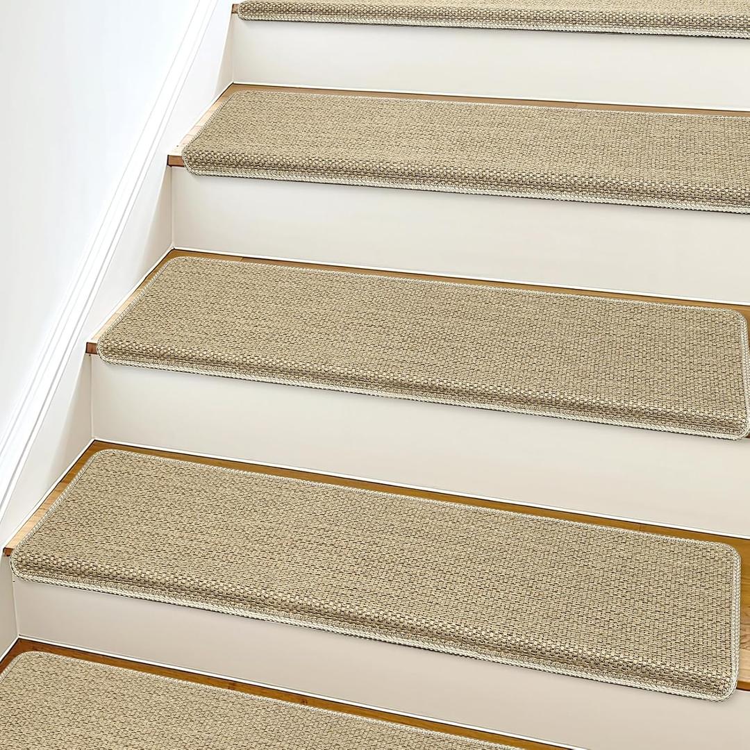 SMILOOL Bullnose Carpet Stair Treads Non Slip for Wooden Steps Indoor, 9.5" x 35" 14 Pieces, Extra Wide Bull Nose Carpet Runners for Wood Stairs, Step Covers, Stair Tread Rugs, Washable, Beige
