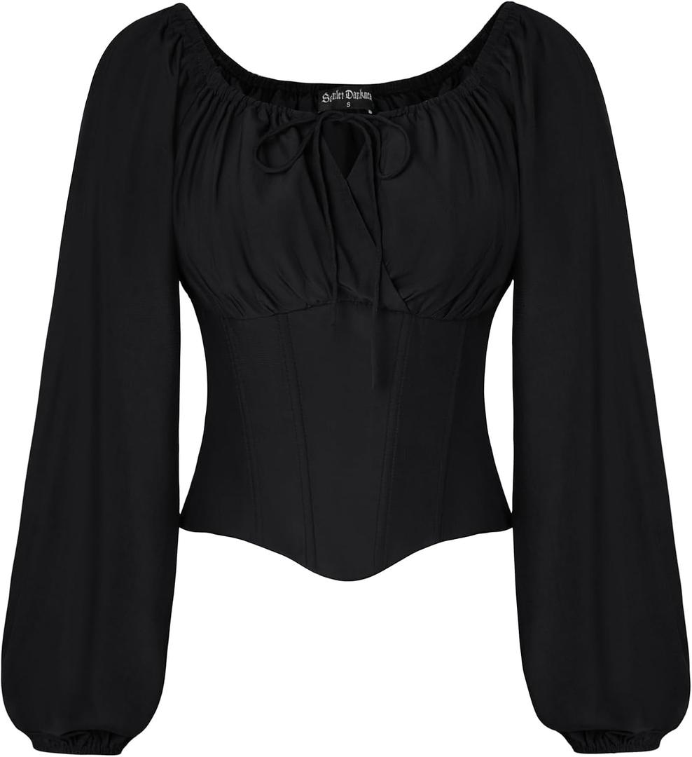 SCARLET DARKNESS Corset Tops for Women Elastic Neckline Renaissance Shirt Peasant Blouse (Large, Black)