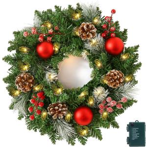 15 Inch Pre-Lit Artificial Christmas Wreath for Front Door, Christmas Door Decorations Wreath with LED Warm Lights, Balls, Pine Needles, and Red Berries Wall Windows Ornament