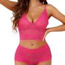 Lilosy Sexy Women Floral Lace Pajamas Lingerie Set High Waist Sheer Sleepwear See Through Nightwear Cami Shorts Bra and Panty 2 Piece Neon Hot Pink X-Large
