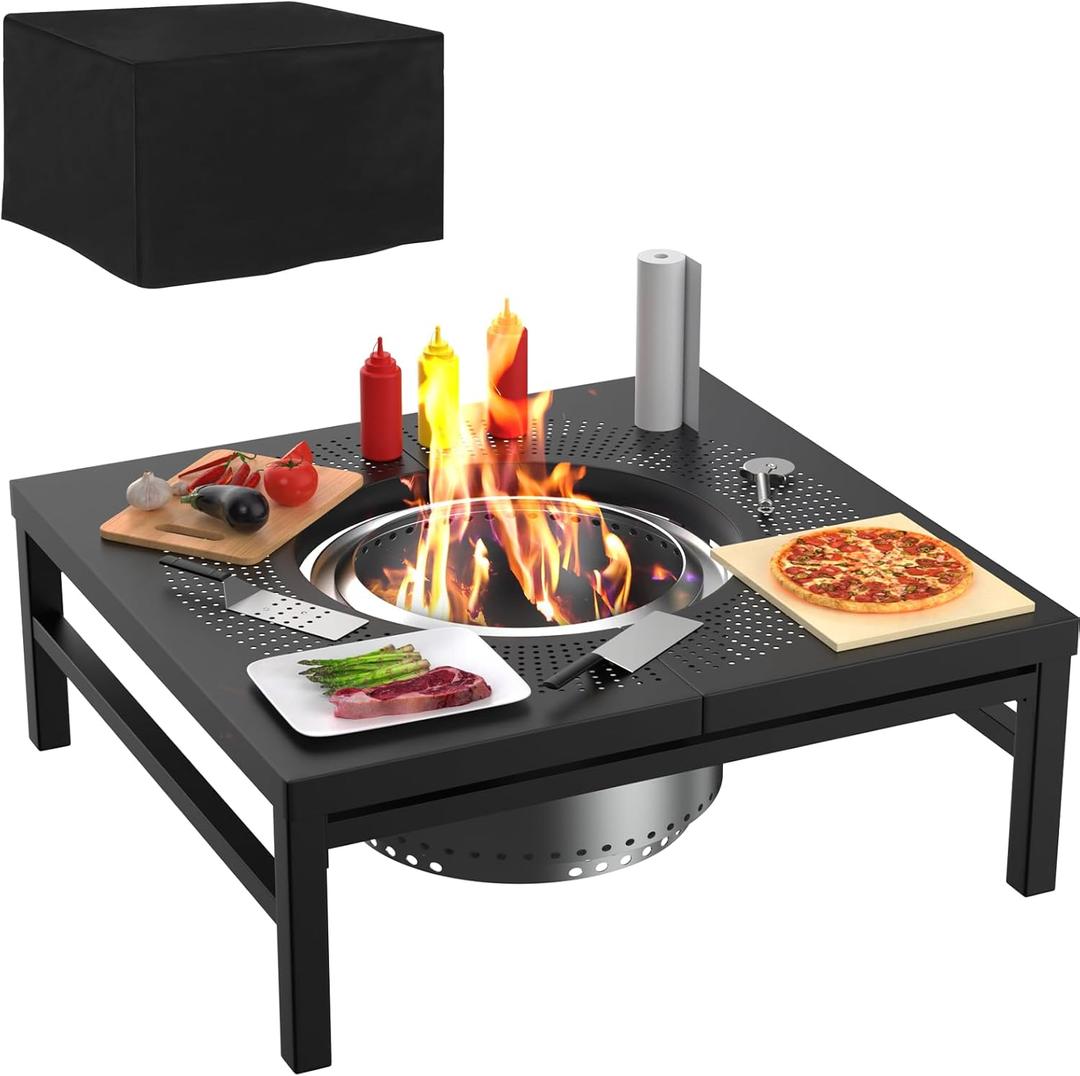 45 Inch Fire Pit Surround Tabletop for Solo Stove Yukon/Bonfire/Tiki Accessories, Smokeless Fire Pit Table & Dust Cover for Solo Stove and Other Wood Burning, Powder-Coated Steel Stove Table Surround