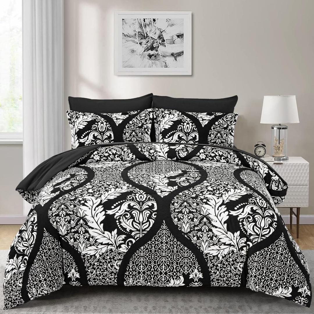 Anibedding Black Comforter Set King Size, 7 Pieces Bohemian Damask Comforter Set Soft Lightweight Microfiber Bedding Set for All Season (104"x90")