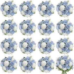 16 Bundles Artificial Flowers Peonies, Dusty Blue Silk Faux Peony Floral Arrangements Fake Peony for DIY Bouquet for Vase Centerpiece Home Wedding Party Centerpiece