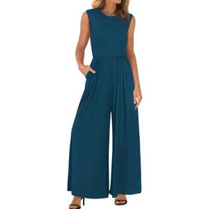 BTFBM Womens Casual Jumpsuits Dressy 2026 Spring One Piece Outfits Crew Neck Sleeveless Knit Wide Leg Pants Romper Beach (Blue, M)