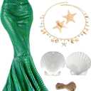 7PCS Summer Mermaid Costume Women Beach Sequin Shiny Skirt Sea-Maid Tail Swimsuit Cover up Shell Necklace Hair Clip (Green)
