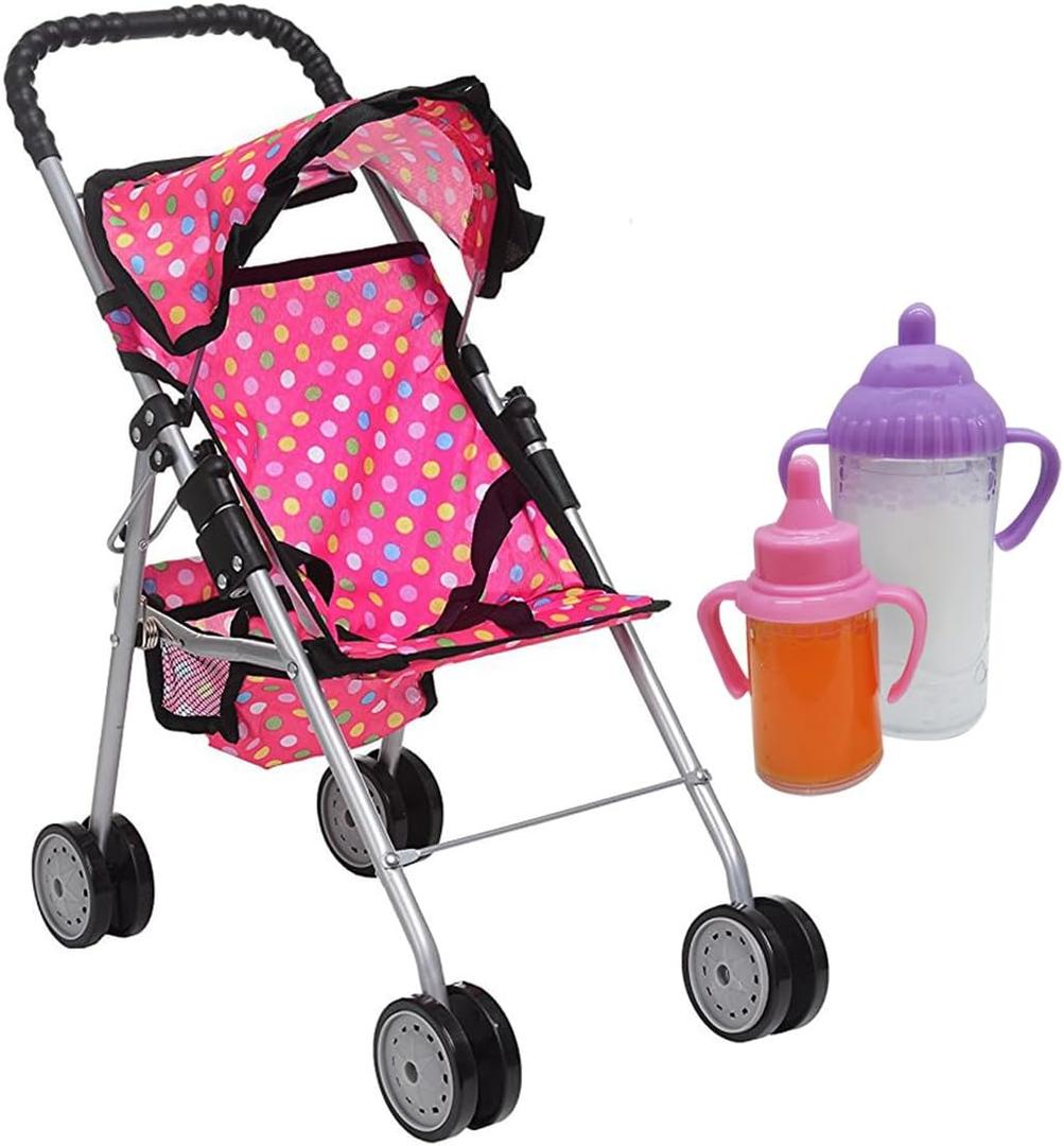 fash n kolor - My First Baby Doll Stroller - Pink Polka Dot Doll Stroller with Basket- Soft Grib Handle. Foldable with Hood Toy Doll Pram Baby Doll Accessories. With 2 Free Bonus Doll Bottles Included