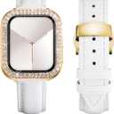 BINLUN Leather Band Compatible with Apple Watch 46mm 45mm 44mm 42mm 41mm 40mm Women Leather Strap with Glitter Diamond Case Compatible with iWatch Series 11/10/9/8/7/SE3/SE2/SE/6/5/4 (White-Gold)