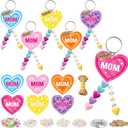 WATINC Heart Beaded Wooden Keychain Craft Kit - 24Pcs DIY Mothers Day Party Favor with Thank You Cards for Mom Grandma, Mothers Day Beads Craft School Classroom Party Fun Activities (Heart)