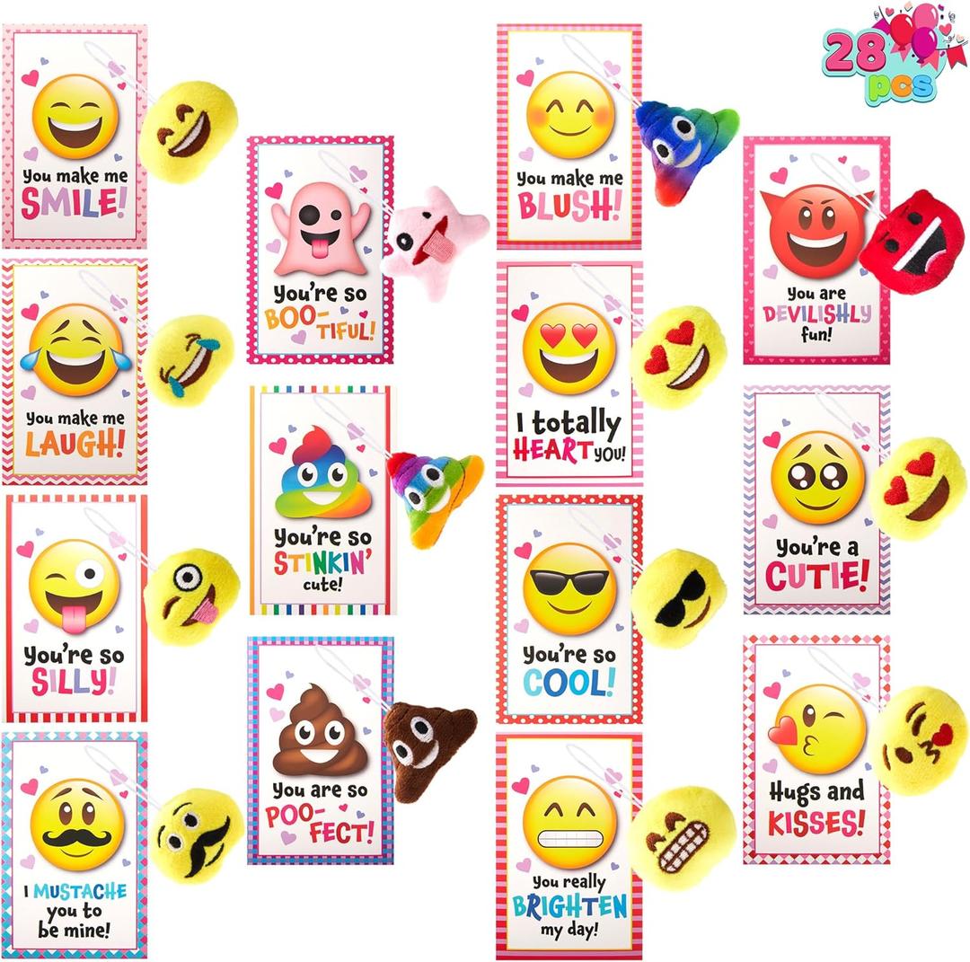 JOYIN 28 Pack Valentines Day Gifts Cards with Expression Face Plush Key-chain, Greeting Cards with Plush for Valentine Classroom Exchange, Kids Party Favor, Game Prizes and School Rewards