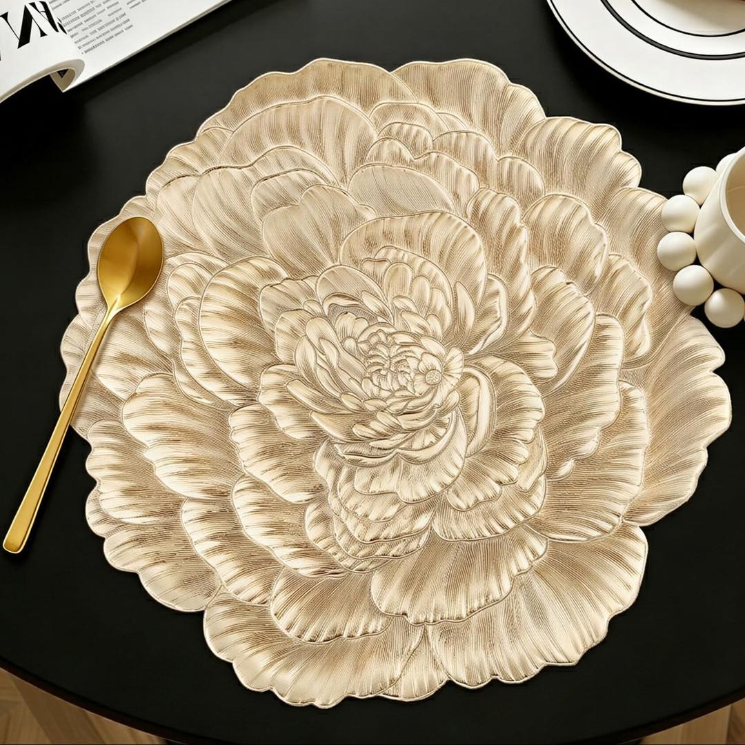 Quantum Love Set of 6 Floral Gold Penoy Placemats Vinyl Metallic 15 Inches Round Washable Place Mats Waterproof Heat Resistant Durable Table Mats for Kitchen Dining Table Decoration Indoor Outdoor