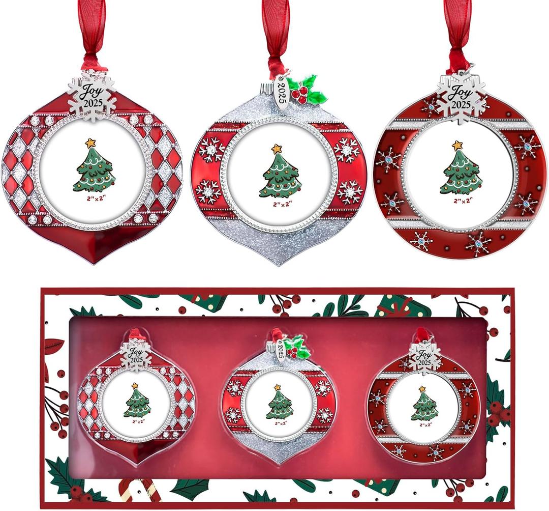 2025 Christmas Tree Ornaments 3 Piece Picture Frame Hanging Ornament Decorative Holiday Keepsake Gift Snowflake Pendant with 2 Photo Frame Insert for Picture of Pet (3 Piece Gift Set)