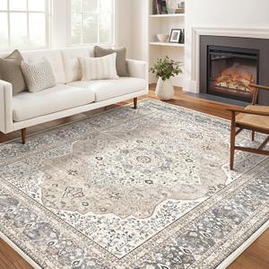 Washable Rug for Living Room - 10x12 Non-Slip Soft Vintage Floral Area Rug for Family Kids & Pet, Stain Resistant Carpet for High Traffic Bedroom Dining Room Teen Dorm Home Decor Aesthetic (Camel)